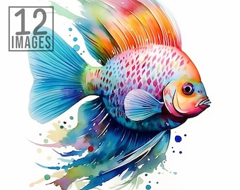 Colorful Exotic Fish Clipart, 12 High Quality JPGs, Commercial Use, Mixed Media, Fishing Clipart, Nautical Clipart, Fish Digital Download