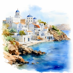 May include: A watercolor painting of a whitewashed village on a cliff overlooking a blue sea. The village has several white buildings with blue domes, and there are rocky cliffs in the foreground.