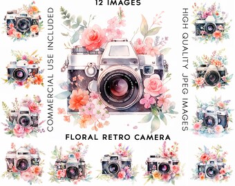 Floral Retro Camera, 12 High Quality JPGs, Scrapbook, Clip Art Watercolor, Vintage Camera Clipart, Watercolor Camera Clipart, Floral Clipart