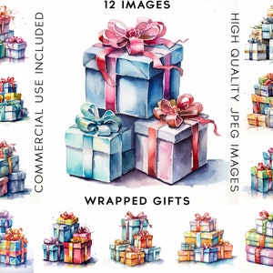 Wrapped Gifts Clipart, 12 High Quality JPGs, Watercolor Clipart , Digital Download, Card Making, Gifts Clipart, Christmas Clipart