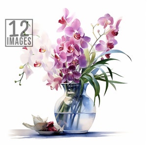 Vase of Orchids Clipart, 12 High Quality JPGs , Watercolor Clipart, Flowers Clipart Set, Flowers Clip art, Orchid Clipart, Vase of Flowers