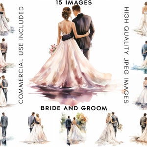 Clipart sposa e sposo, 15 JPG di alta qualità, Clipart matrimonio acquerello, Clipart matrimonio, artigianato di carta digitale, Clipart invito