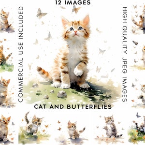 Cat and Butterflies, 12High Quality JPGs, Watercolor Clipart , Digital Download, Card Making, Cats Clipart, Butterflies Clipart, Kitten Art
