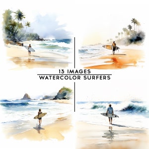 Surfer Clipart Watercolor Surfing Clip Art Bundle Beach Illustration Digital Wall Art Card Making Junk Journal Scrapbooking 13 Quality JPGs