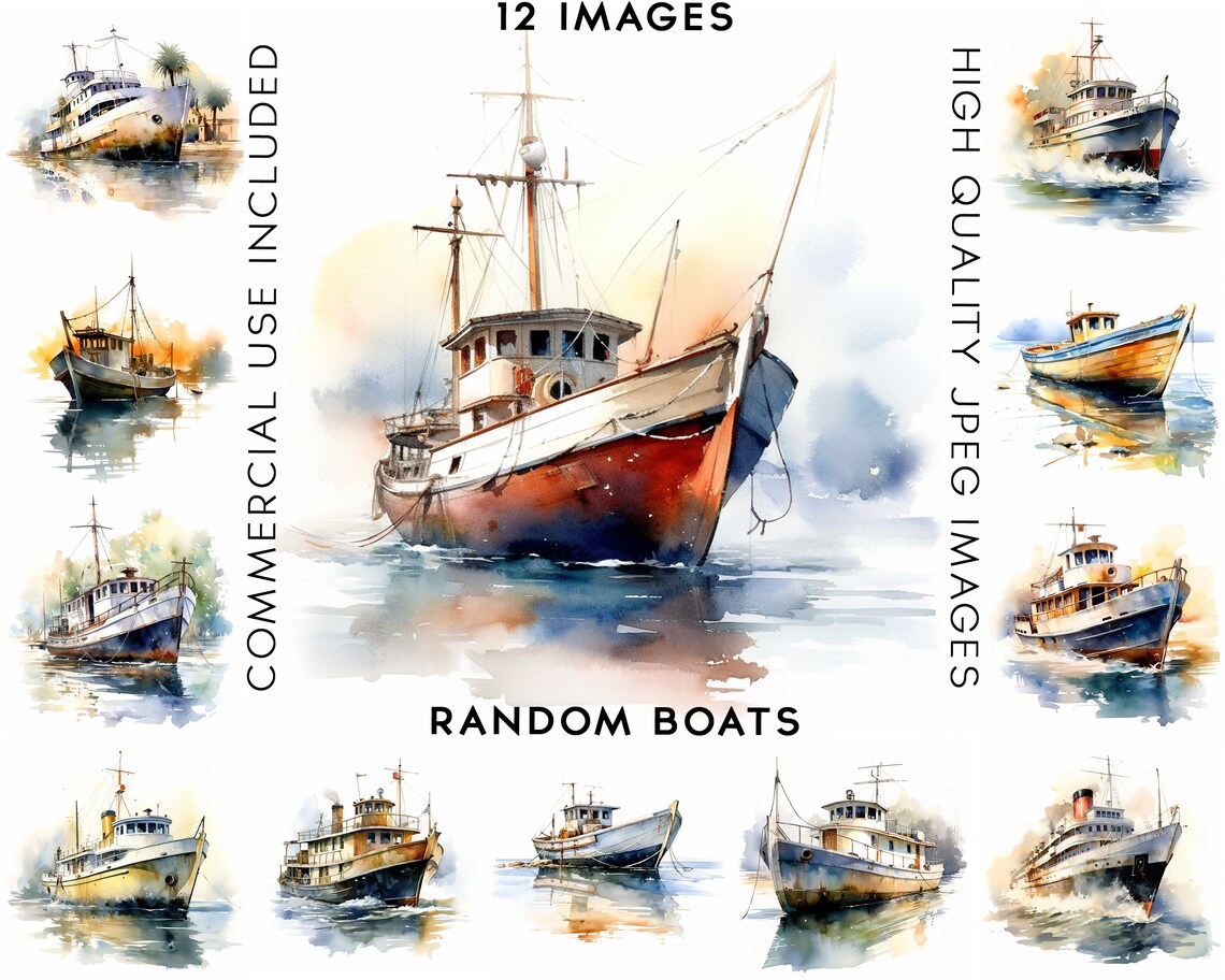 Random Boats Clipart, 12 High Quality Jpgs, Watercolor Clipart, Summer ...