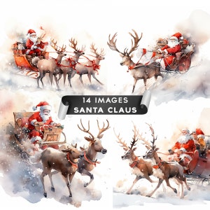 Santa Claus Riding Carriage Clipart, Christmas Clipart Watercolor Clipart Digital Planners Scrapbooking Junk Journals  14 High Quality JPGs
