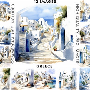 Greece Clipart, 12 High Quality JPGs, Watercolor Clipart, Digital Crafting, Scrapbook Images, Travel Clipart, Vacation Clipart, Santorini