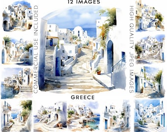 Greece Clipart, 12 High Quality JPGs, Watercolor Clipart, Digital Crafting, Scrapbook Images, Travel Clipart, Vacation Clipart, Santorini
