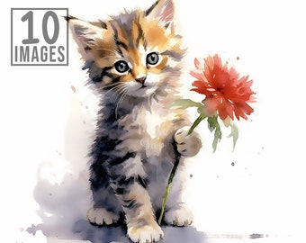 Kitten With Flowers Clipart - 10 High Quality JPGs - Watercolor Clipart -  Digital Download - Card Making - Books Clipart - Cats Clipart