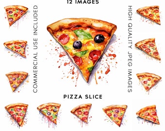 Pizza Slice Clipart, 12 High Quality JPGs, Watercolor, Digital Paper Craft, Junk Journal, Planners, Instant Digital Download, Pizza Clipart