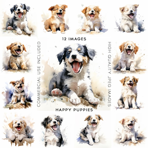 Happy Puppy Clipart Dog Clipart Puppy Watercolor Dog Clip Art Sublimation Card Making Commercial Use Puppy Clip Art 12 High Quality JPGs