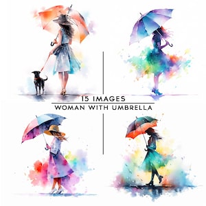 Woman With Umbrella Clipart Watercolor Rain Clipart Fashion Illustration Digital Wall Art Card Making Scrapbooking Junk Journal  15 JPGs