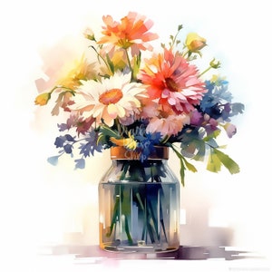 Op de afbeelding: Een boeket kleurrijke bloemen, waaronder witte, roze en oranje bloemen, gerangschikt in een glazen pot met een bruin deksel. De bloemen zijn in aquarelstijl.