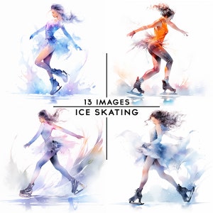 Ice Skating Clipart, Watercolor Figure Skating Clipart Skater Illustration Woman Skating Card Making Scrapbooking Junk Journal  13 JPGs