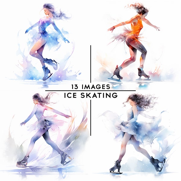 Ice Skating Clipart, Watercolor Figure Skating Clipart Skater Illustration Woman Skating Card Making Scrapbooking Junk Journal  13 JPGs