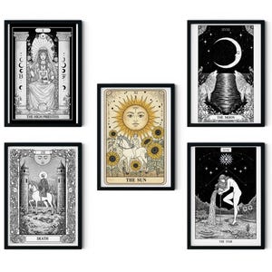 Set de arte mural de tarot místico: decoración bohemia con cartas de tarot imprimibles, estética espiritual y de brujería, arte digital para meditación y el hogar.