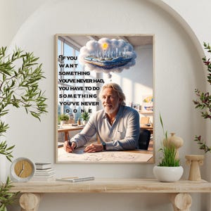 May include: A motivational quote poster featuring a man with a beard and a thought bubble above his head. The quote reads: "If you want something you've never had, you have to do something you've never done."