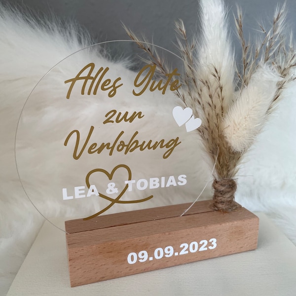 Geschenk zur Verlobung I Acrylscheibe rund mit Trockenblumen I Hochzeitsgeschenk I Acrylschild I Holzständer I personalisiert