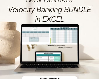 Peut inclure: Un ordinateur portable affichant une feuille de calcul avec le titre "Velocity Banking" en texte vert. La feuille de calcul comprend des sections pour "Weekly Financial Planner", "Credit Card Analysis" et "Financial Summary". Le texte "EXCEL FORMAT" est affiché en texte blanc sur un rectangle noir en bas de l'écran.