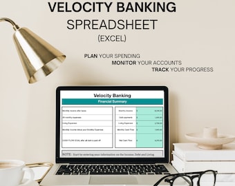 Peut inclure: Un ordinateur portable affichant une feuille de calcul intitulée "Résumé financier de Velocity Banking". La feuille de calcul est divisée en deux colonnes, l'une pour les revenus et l'autre pour les dépenses. La feuille de calcul comprend des catégories telles que le revenu mensuel après impôts, les paiements de dettes, les dépenses de subsistance et les flux de trésorerie mensuels. La feuille de calcul est conçue pour aider les utilisateurs à planifier leurs dépenses, à surveiller leurs comptes et à suivre leurs progrès.