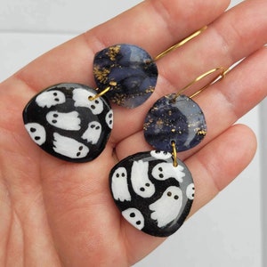 Autumn/fall/ Halloween black and gold hand painted ghost Polymer Clay Earrings| statement dangle earrings