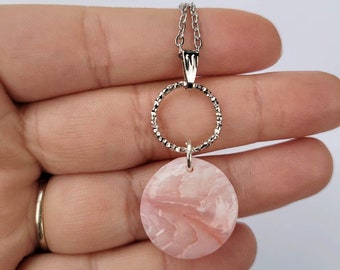 Soft pink, circle shaped handmade polymer clay necklace
