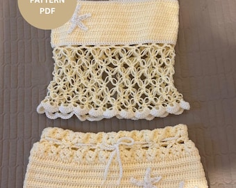 Patrón en PDF de conjunto de verano a crochet: top corto y shorts, ideal para la playa (descarga digital).