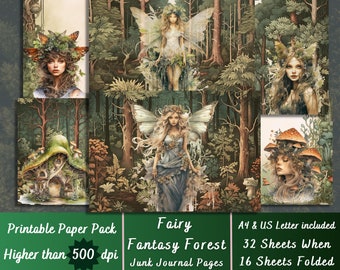 Printable Fairy Fantasy Forest Digital Paper, Magical Ephemera, Fantasy Woodland Pages, Download Junk Journal, Scrapbooking, Card Making
