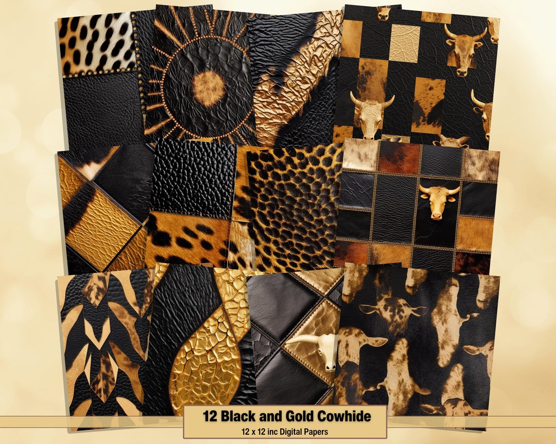 Printable Black & Gold Cowhide Digital Papers, Leather Texture Pages ...