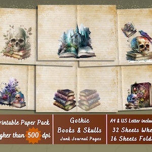 Printable Gothic Books Digital Paper, Skulls Ephemera, Dark Academia Pages, Victorian Download Junk Journal, Scrapbooking, Card Making