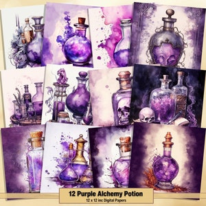 Printable Purple Alchemy Potion Digital Papers, Witchy Pages, Background, Magical Ephemera, Download Junk Journal, Scrapbooking, Card Making