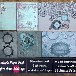 Printable Steampunk Blue Digital Paper, Patina Steam Punk Ephemera, Distressed Pages, Download Junk Journal, Scrapbooking, Card Making