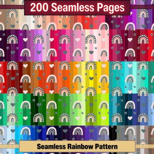 Op de afbeelding: 200 naadloze pagina's met regenboogpatronen met harten en sterren. Elke pagina heeft een andere kleurencombinatie van regenboogstrepen.
