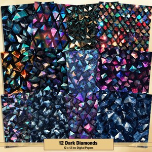 May include: Twelve digital papers featuring a dark, iridescent, geometric pattern of overlapping diamonds. The diamonds are in shades of blue, purple, and pink with a galaxy-like background.
