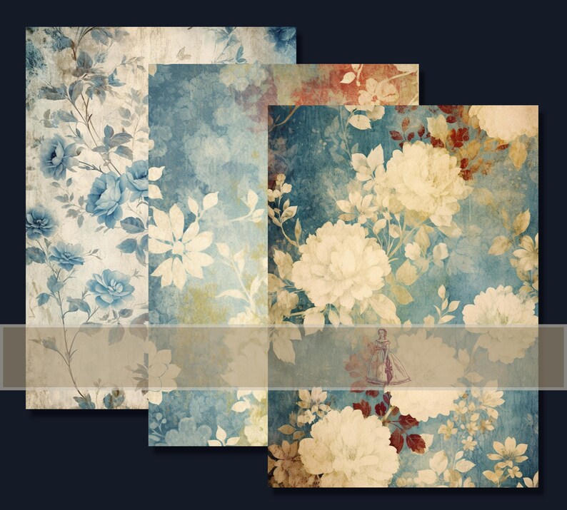 Printable Blue Floral Junk Journal Pages Kit, Vintage Roses Paper ...