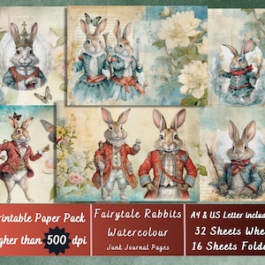 Printable Rabbit Watercolour Digital Paper, Dressed Animals Ephemera, Fairytale Bunny Page, Download Junk Journal, Scrapbooking, Card Making