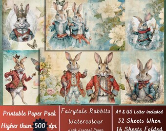 Printable Rabbit Watercolour Digital Paper, Dressed Animals Ephemera, Fairytale Bunny Page, Download Junk Journal, Scrapbooking, Card Making