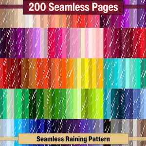 May include: 200 seamless pages with a raining pattern in various colors. The pages are arranged in a grid, with each page featuring a different color.