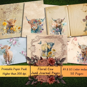 Printable Floral Highland Cow Digital Paper, Vintage Ephemera, Watercolor Cows Pages, Download Junk Journal, Scrapbooking, Card Making