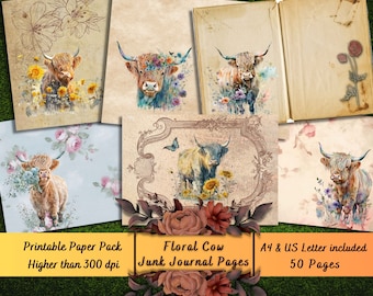Printable Floral Highland Cow Digital Paper, Vintage Ephemera, Watercolor Cows Pages, Download Junk Journal, Scrapbooking, Card Making