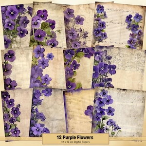 Printable Purple Flowers Digital Papers, Floral Lined Pages, Vintage Background, Ephemera, Download Junk Journal, Scrapbooking, Card Making