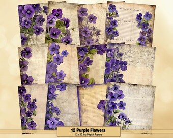 Printable Purple Flowers Digital Papers, Floral Lined Pages, Vintage Background, Ephemera, Download Junk Journal, Scrapbooking, Card Making