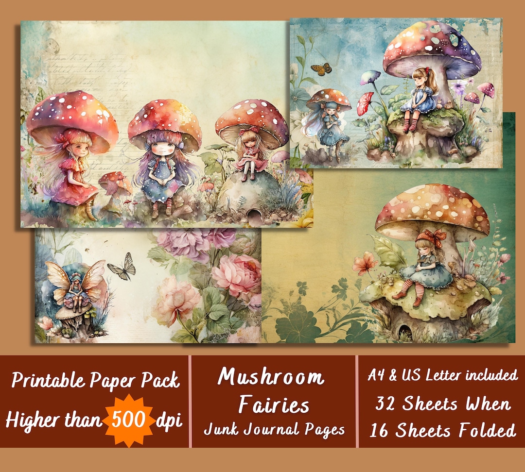 Printable Mushroom Fairy Digital Paper, Enchanted Vintage Ephemera ...