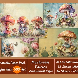 Printable Mushroom Fairy Digital Paper, Enchanted Vintage Ephemera, Fantasy Floral Pages, Download Junk Journal, Scrapbooking, Card Making