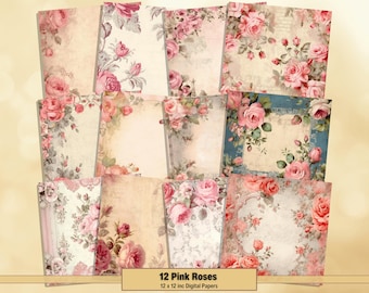 May include: Twelve digital papers featuring pink roses on a vintage background. The papers are 12 x 12 inches.