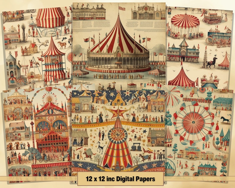 Printable Vintage Fairground Circus Digital Papers, Circus Page ...
