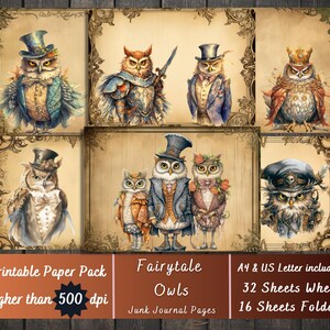 Printable Owl Digital Paper, Dressed Animals Ephemera, Fairy Tale Owls Pages, Download Junk Journal, Fairytale Scrapbooking, Card Making