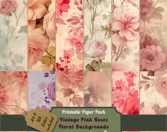 Printable Pink Floral Junk Journal Pages Kit, Vintage Roses Paper, Magical Ephemera, Digital Download, Shabby Chic Scrapbooking, Card Making