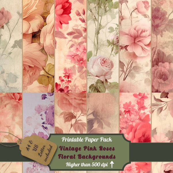 Printable Pink Floral Junk Journal Pages Kit, Vintage Roses Paper, Magical Ephemera, Digital Download, Shabby Chic Scrapbooking, Card Making