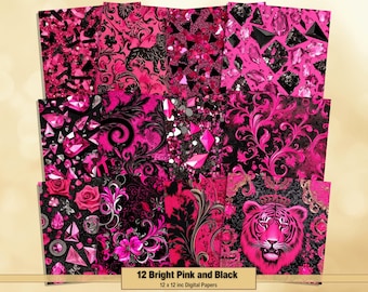 May include: Twelve digital papers featuring bright pink and black patterns. The patterns include a tiger, roses, glitter, diamonds, and ornate swirls.